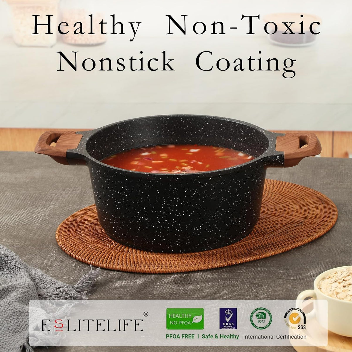 ESLITE LIFE Nonstick Cookware Sets, 12 Pcs Granite Coating Pots and Pans Set Kitchen Cooking Set, Compatible with All Stovetops (Gas, Electric & Induction), PFOA Free, Black