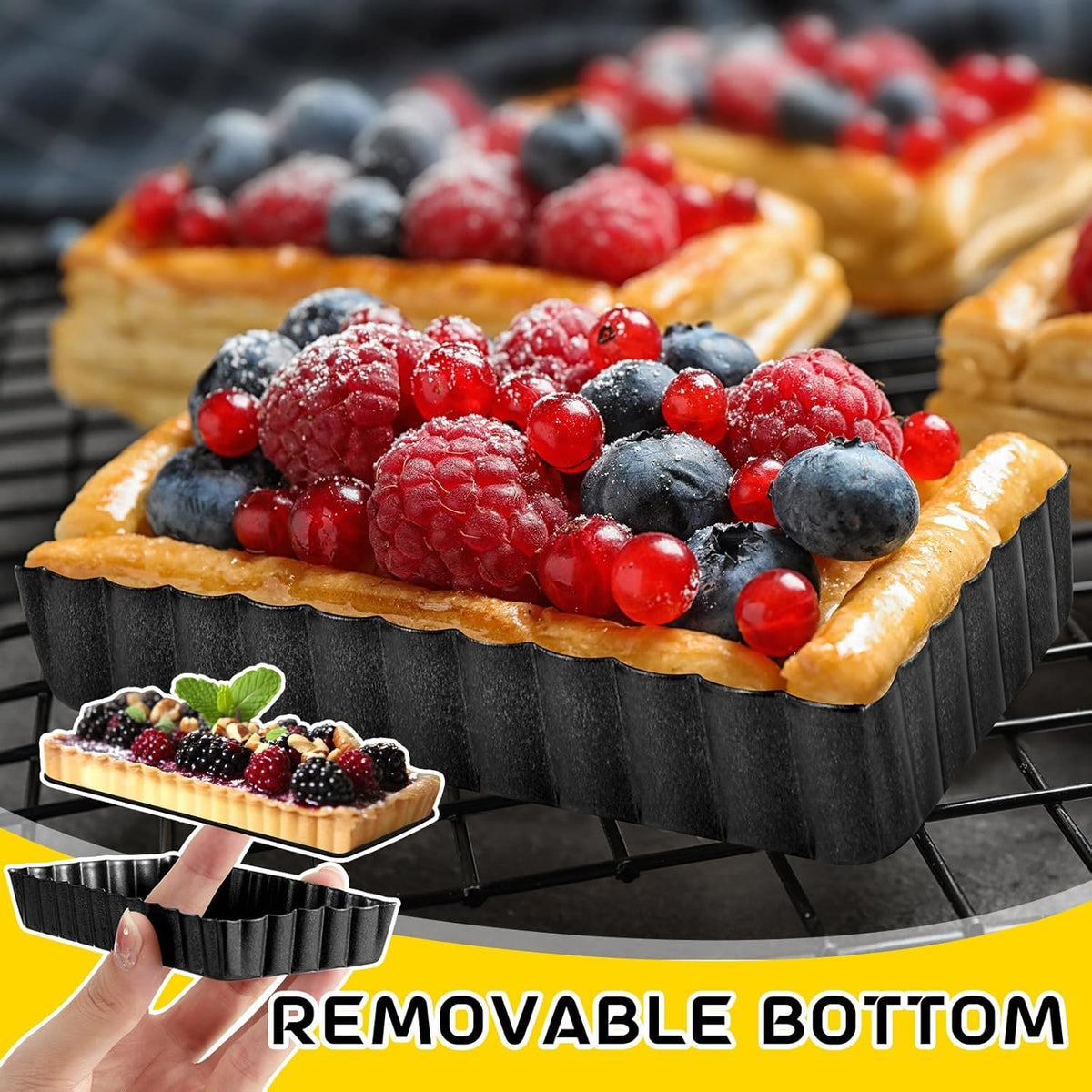 Tessco 16 Pieces Mini Tart Pans with Removable Bottom Nonstick Quiche Mini Pie Tart Pans Bakeware Mold Fluted Side for Pies(Black Rectangle,4.33 x 2.36 x 0.79 Inch)