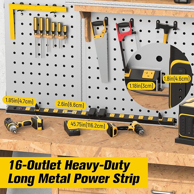 HHSOET 16 Outlet Long Power Strip, 6FT Heavy Duty Power Strip with 4800J Surge Protection, 20a Mountable Wide-Spaced Outlets for Home, Office, Garage & Workshop - ETL Certified