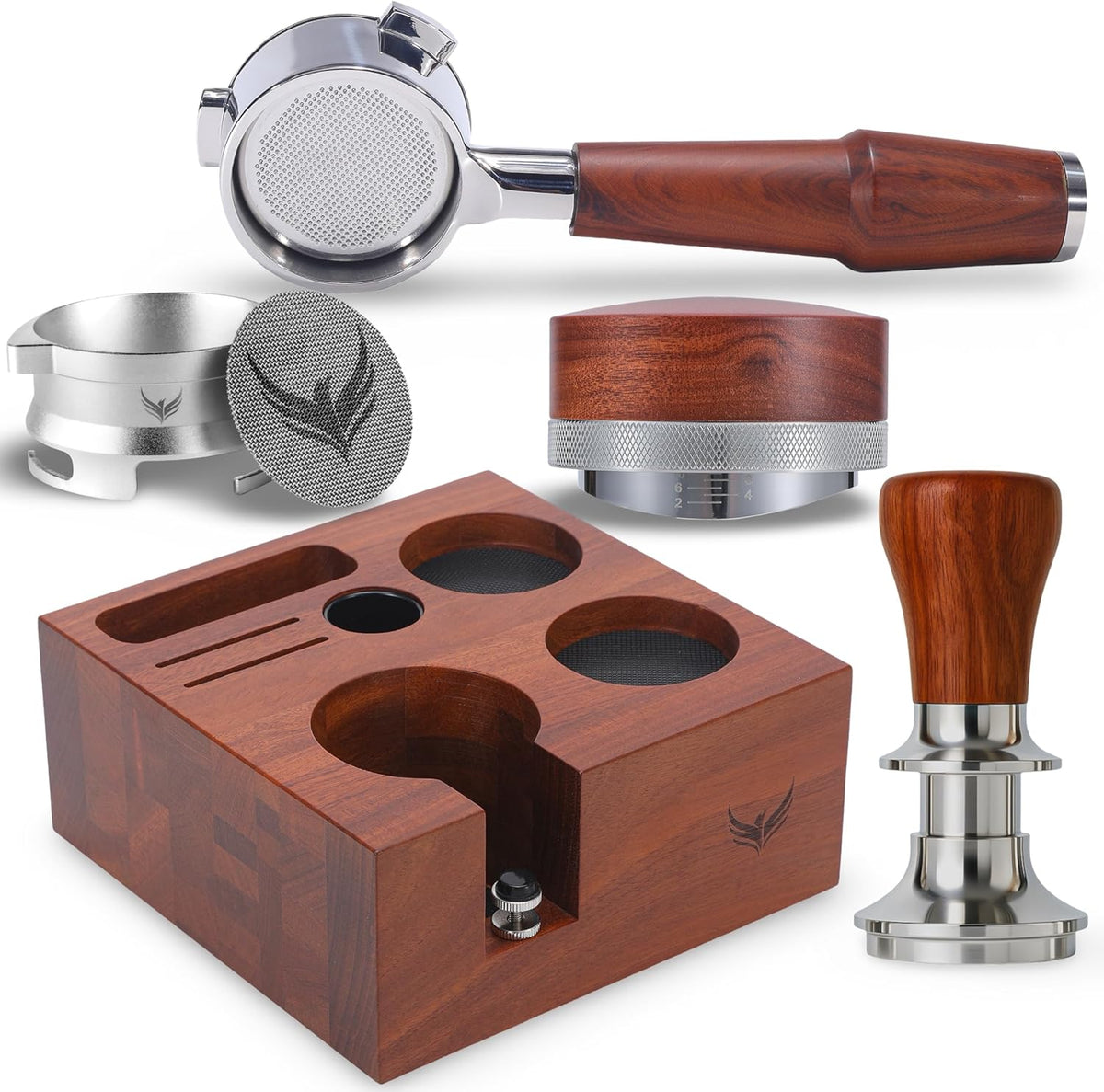 Breville Espresso Accessories Kit 54mm Bottomless Portafilter, Auto-Level Tamper, Coffee Distributor, Dosing Funnel with Puck Screen & Wooden Tamping Station