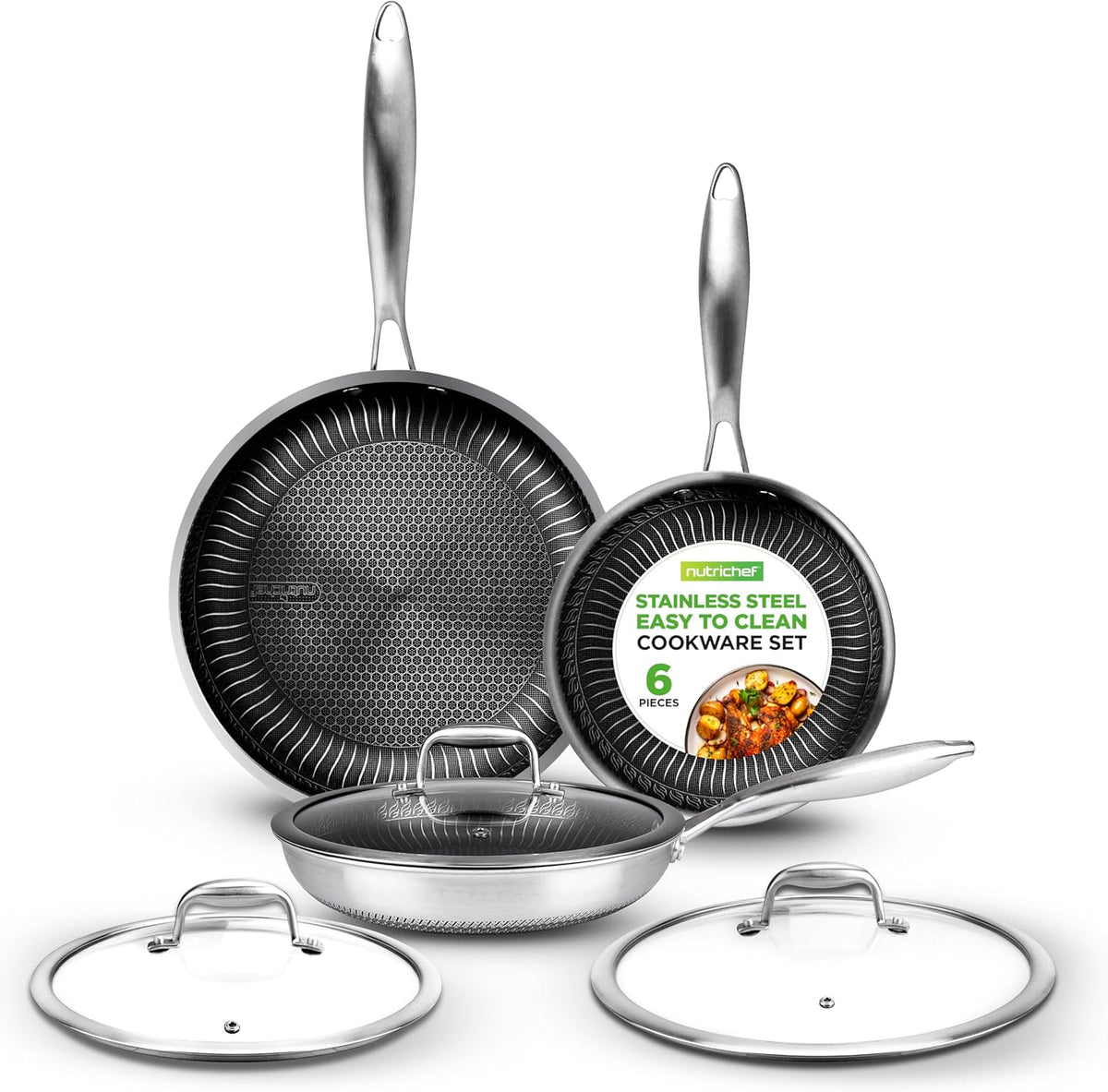 6-Piece Cookware Set Stainless Steel - 3 layers Kitchenware Pans Set Kitchen Cookware w/DAKIN Etching Non-Stick Coating - Small, Medium, & Large Stir Fry Pan with Lid - NutriChef NC3PFRY3