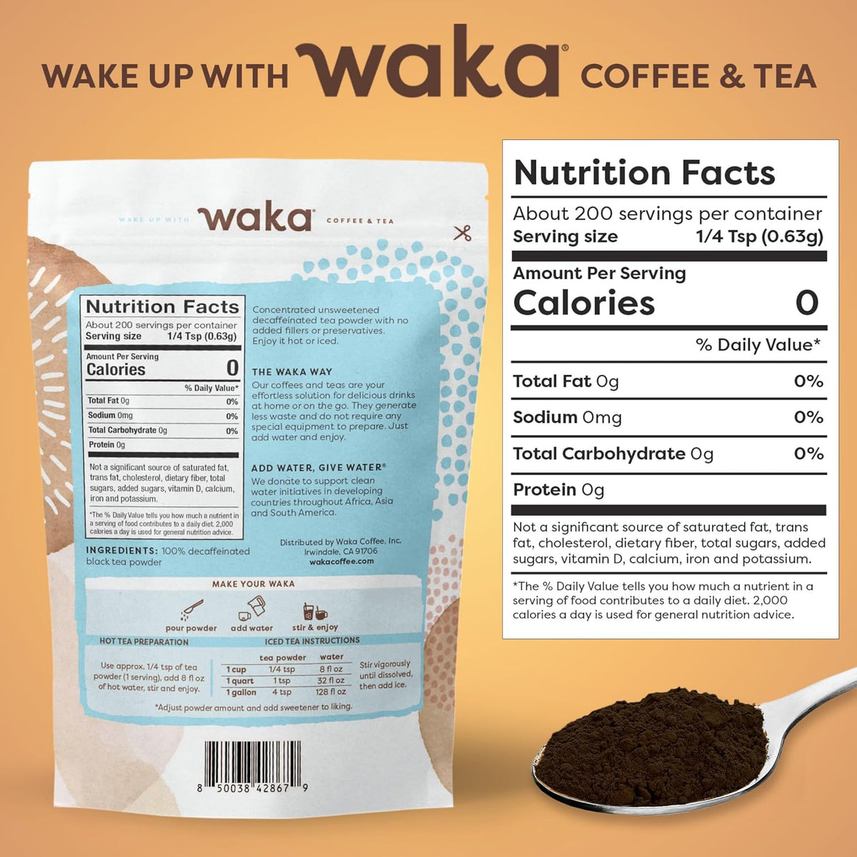 Waka Instant Black Tea Mix Pouch, Decaffeinated - 100% Tea Leaves, No Additives, Unsweetened Tea Powder for 50 Quarts or 200 Cups – Easy Quick Hot and Iced Teas (4.5oz)