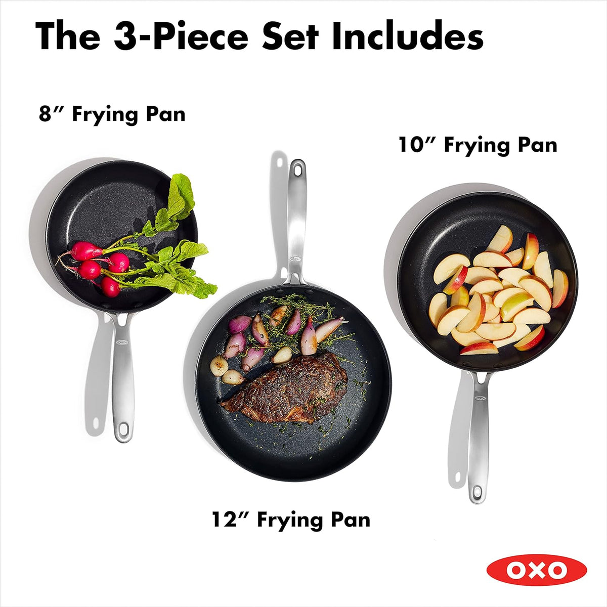 OXO Enhanced, 8" 10" and 12" 3 Piece Frying Pan Skillet Set, Healthy Ceramic Nonstick, PFAS-Free, Stainless Steel Handle, Dishwasher Safe, Oven Safe, Black