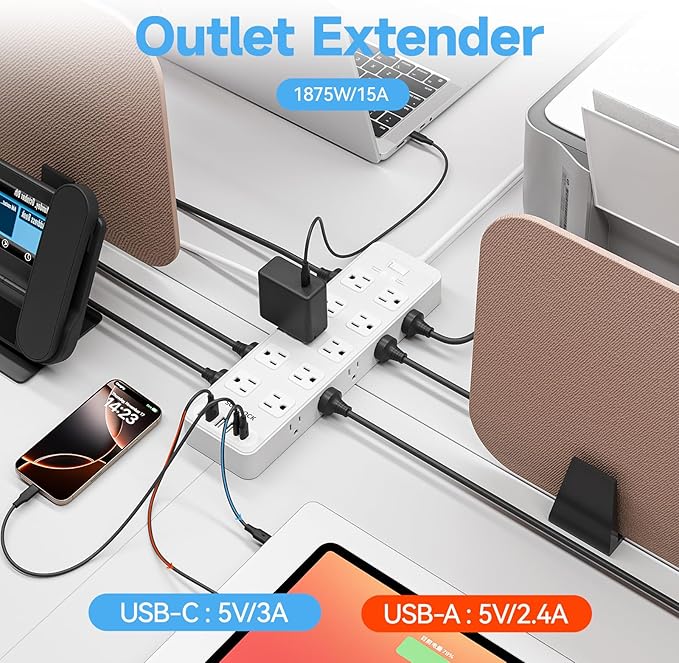 Flat Plug Power Strip Surge Protector with 20 AC Outlets 6 USB Chagring Ports, 1875W/15A, 2700J, Heavy Duty Extension Cord 6 Ft for Home, Office, Dorm, Gaming,ETL Listed (White, 6FT)