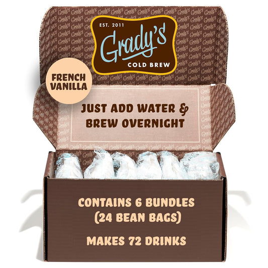 GRADY’S COLD BREW, French Vanilla, 100% Arabica Ground Coffee & Chicory Pouches | SIX Bundles of 4 Easy-to-Brew Bean Bags, Makes 72 drinks