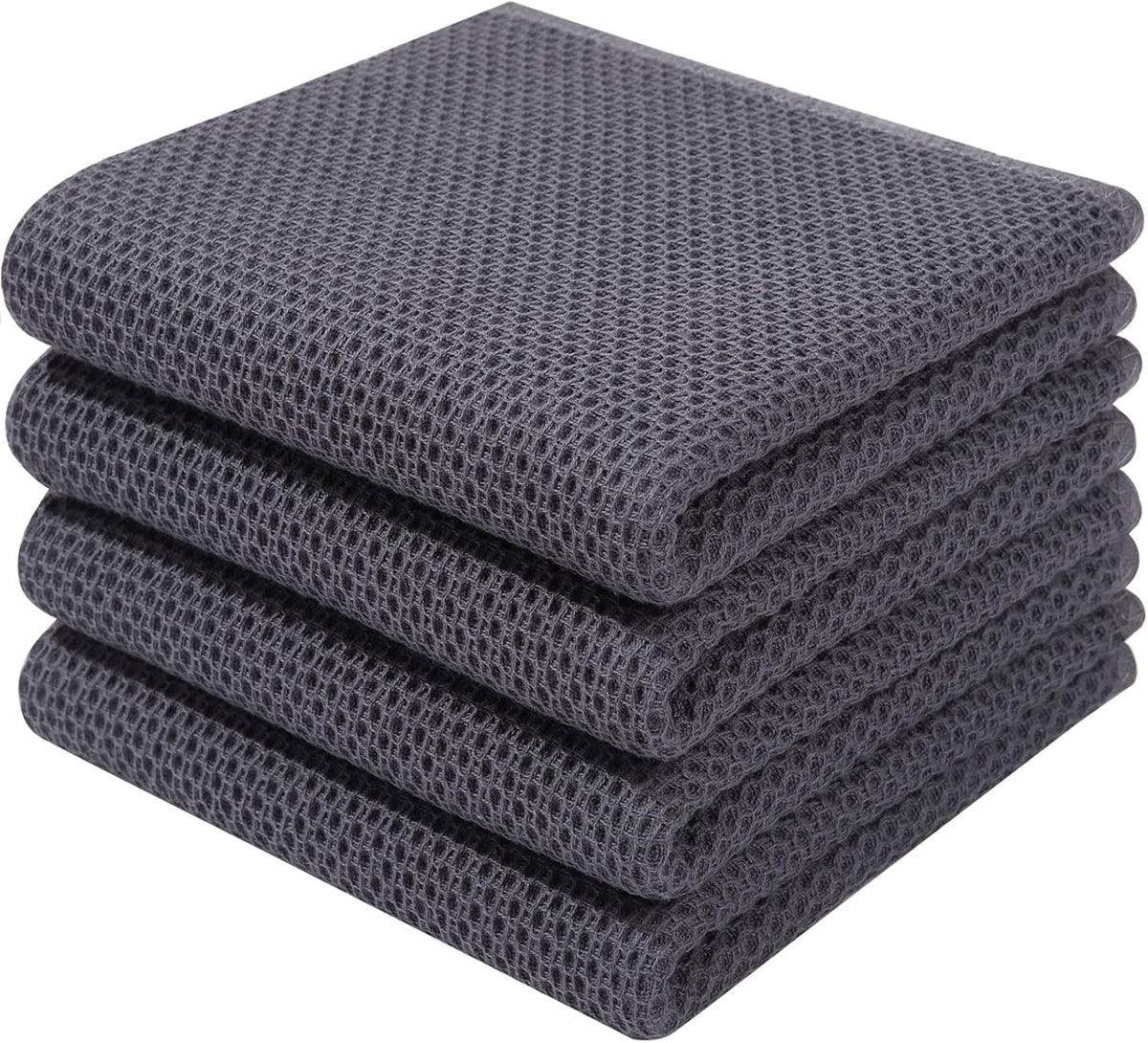 Homaxy 100% Cotton Waffle Weave Kitchen Dish Towels, Ultra Soft Absorbent Quick Drying Cleaning Towel, 13 x 28 Inches, 4-Pack, Dark Grey