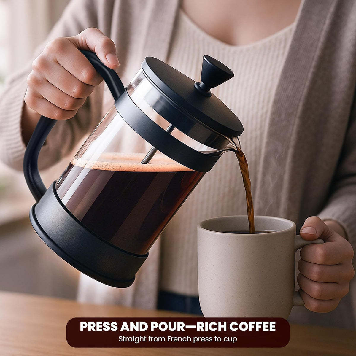 Utopia Kitchen 34 Ounce 1 Liter French Press Coffee Maker, Tea Maker, Travel Coffee Presses, Heat Resistant Thickened Borosilicate Coffee Pot for Camping Travel Gifts, Black Pack of 1