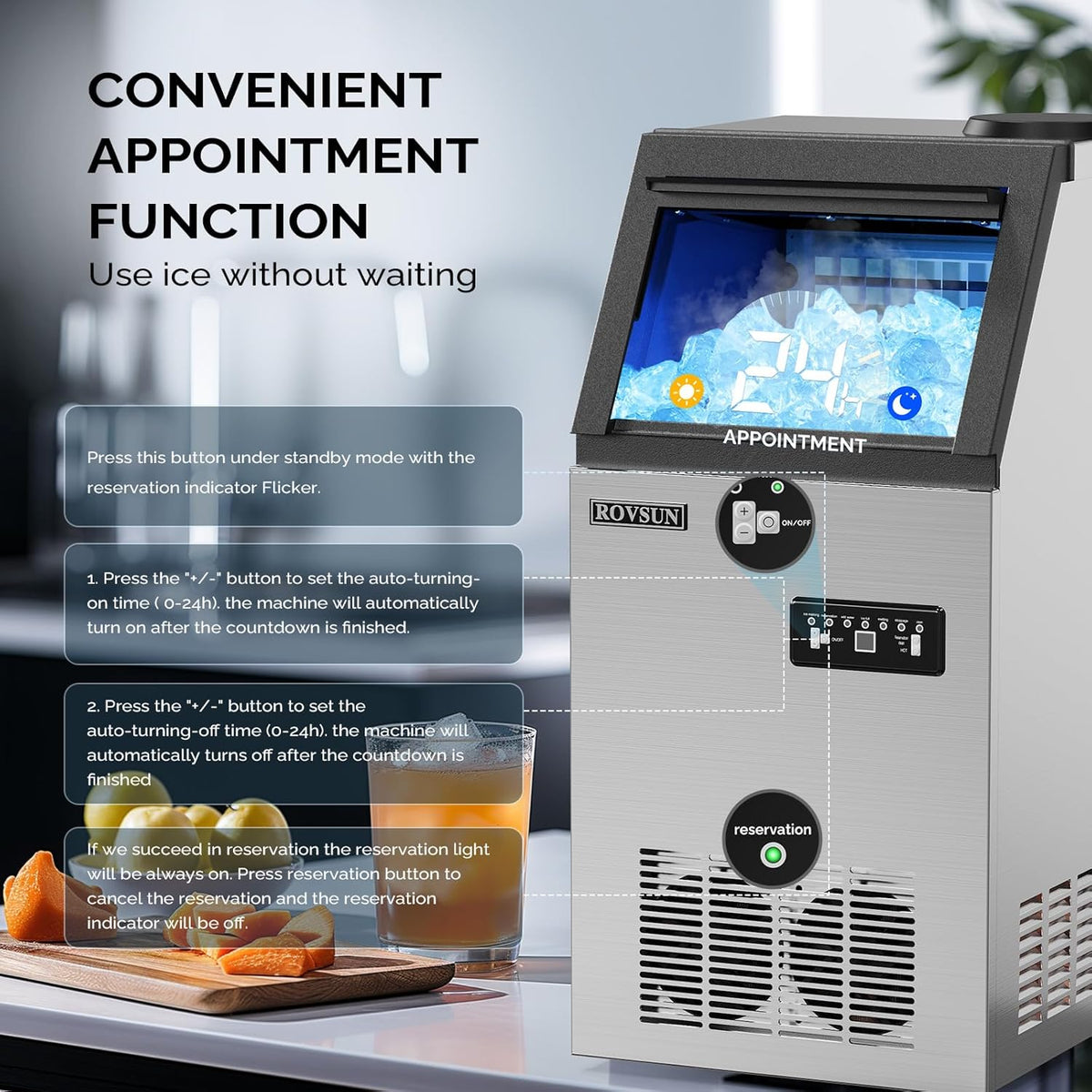 ROVSUN Stainless Steel Commercial Ice Maker Machine, Make 150lbs/24h, 24lbs Storage,Under Counter/Freestanding Automatic Ice Machine for Home Restaurant Bar Cafe