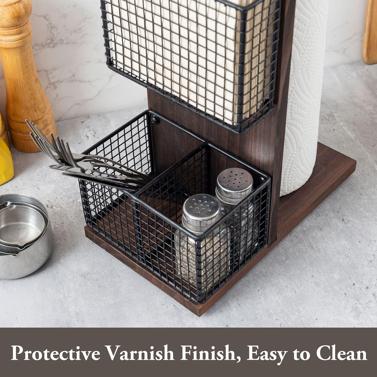 MyGift 3-in-1 Kitchen Organizer with Paper Towel Holder, Napkin Holder & Spice Rack - Rustic Wood & Industrial Metal Pipe Caddy for Farmhouse Dining Table