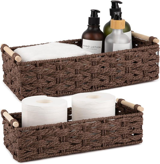 OIAHOMY Toilet Paper Baskets Handmade Paper Rope Decorative Wicker Storage Tank Shelf Cabinet Organizer for Bathroom Home, Set of 2, Brown