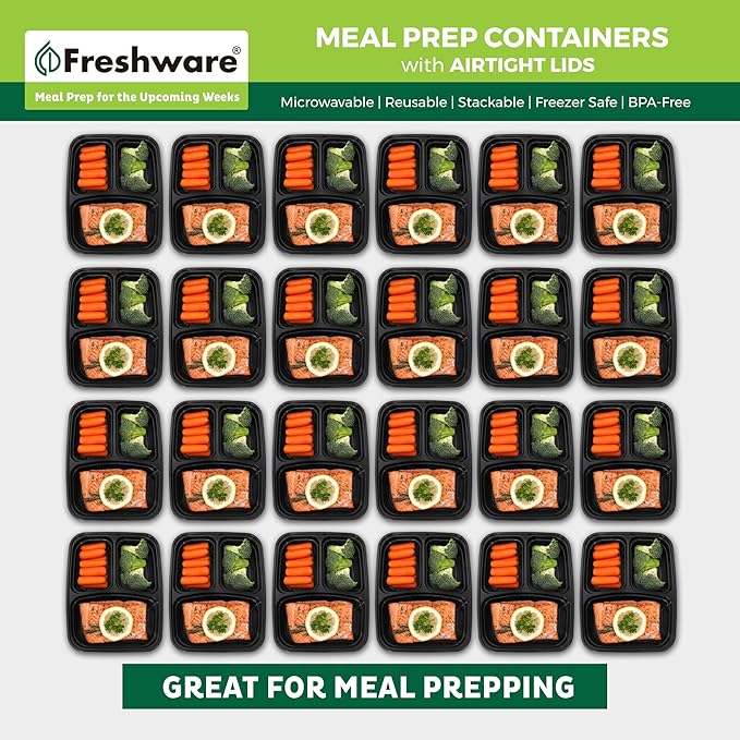 Freshware Meal Prep Containers [25 Pack] 3 Compartment with Lids, Food Storage Containers, Bento Box, Stackable, Microwave/Dishwasher Safe (32 oz)