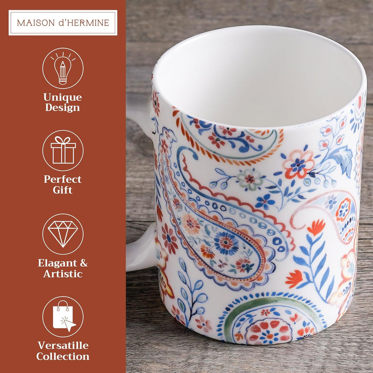Maison d' Hermine Coffee Mug with Handles Fine Bone China Mugs Pack of One Tea Cups for Hot Beverages Cappuccino Latte Home Restaurant Office Perfect for Gift (Indian Floral - Paisley, 12 Ounce)