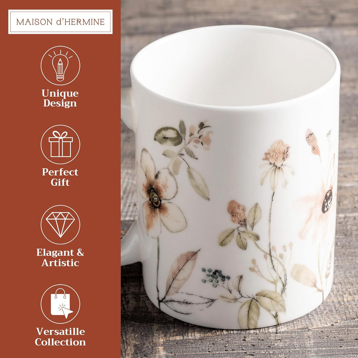 Maison d' Hermine Coffee Mug with Handles Fine Bone China Mugs Pack of One Tea Cups for Hot Beverages Cappuccino Latte Home Office Perfect for Gift (Ice Florals - Romantic Morning, 12 Ounce)