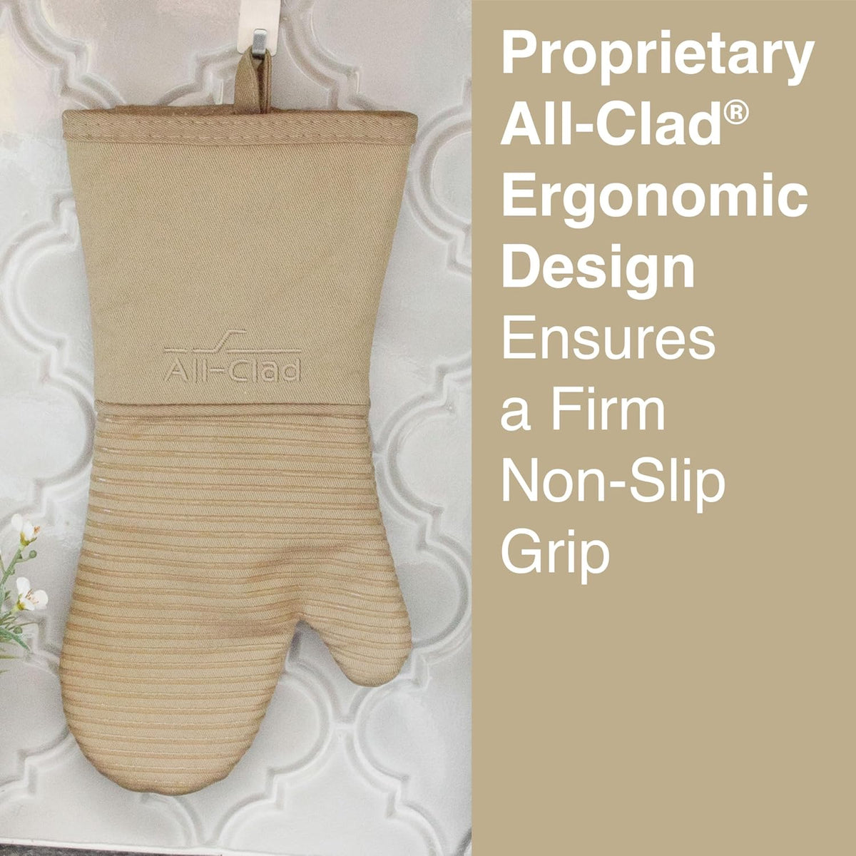 All-Clad Premium Silicone Oven Mitt: Heat Resistant to 500 Degrees - 100% Cotton & Silicone, 14"x7" Pot Holder for Kitchen and Barbeque, (1-Pack), Cappuccino