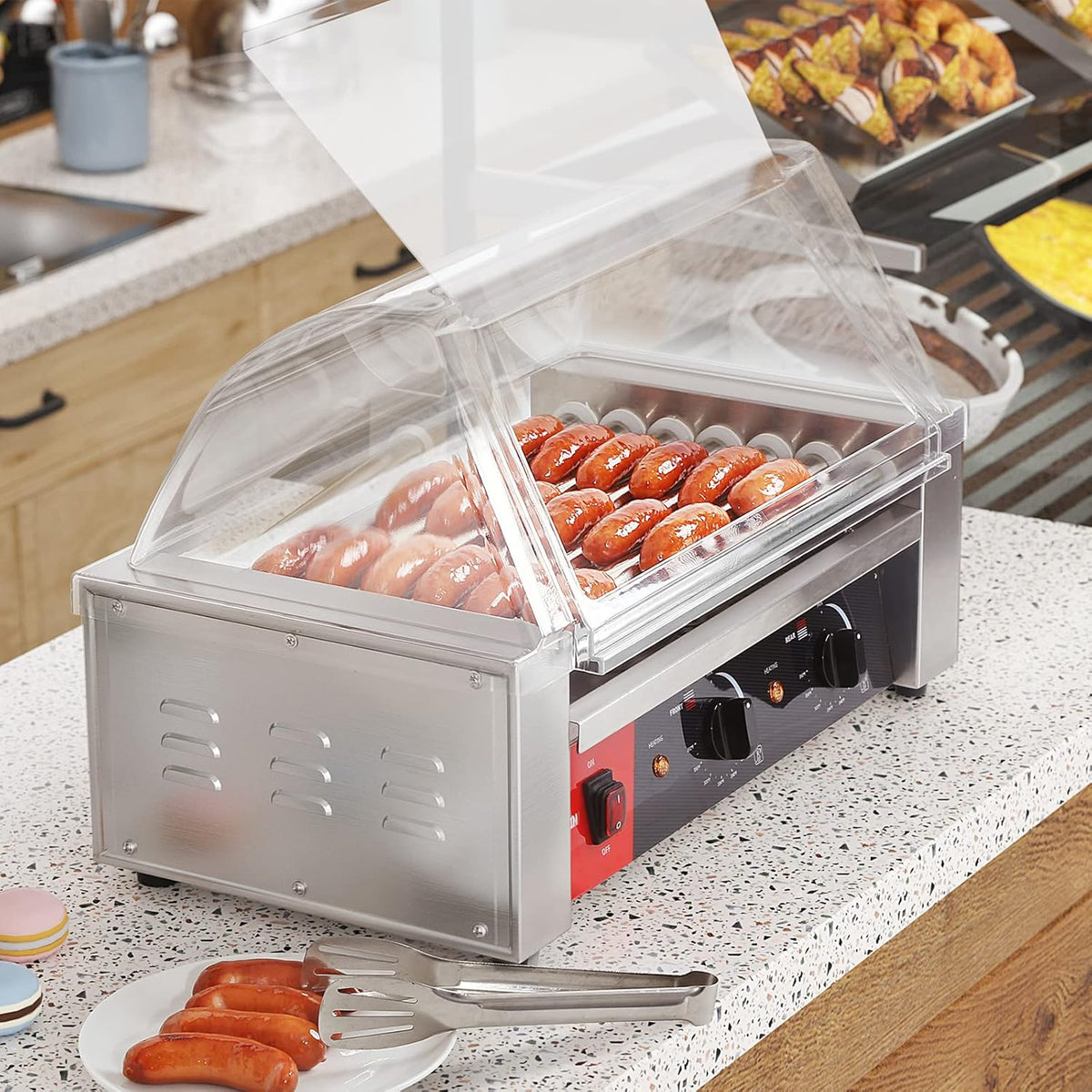 CROSSON Hot Dog 7 Roller Grill Cooker Machine with Transparent Sneeze Guard,7 Nonstick 304SS Rollers and Dual Temp Control,Commercial Hot Dog Cooker Machine-120V, 1050W