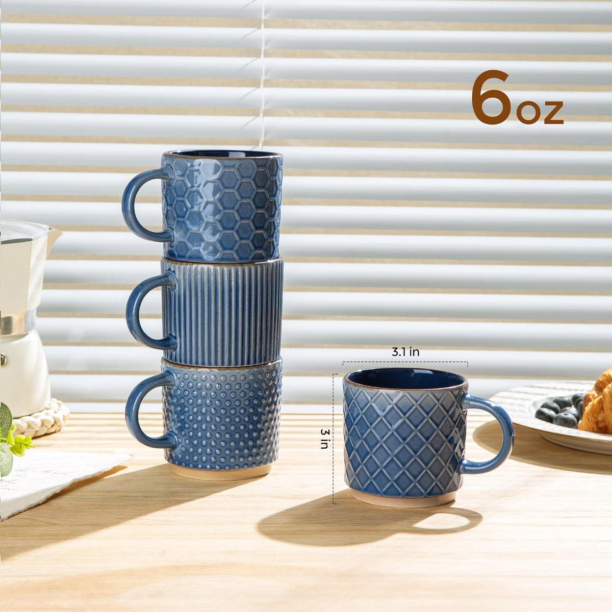 GBHOME 6 OZ Stackable Coffee Mugs, Ceramic Coffee Mugs with Texture Patterns for Man,Woman,Dad,Mom, Modern Coffee Cups Set of 4 for Espresso/Cappuccino/Cocoa. Dishwasher&Microwave Safe, Moonlight Blue