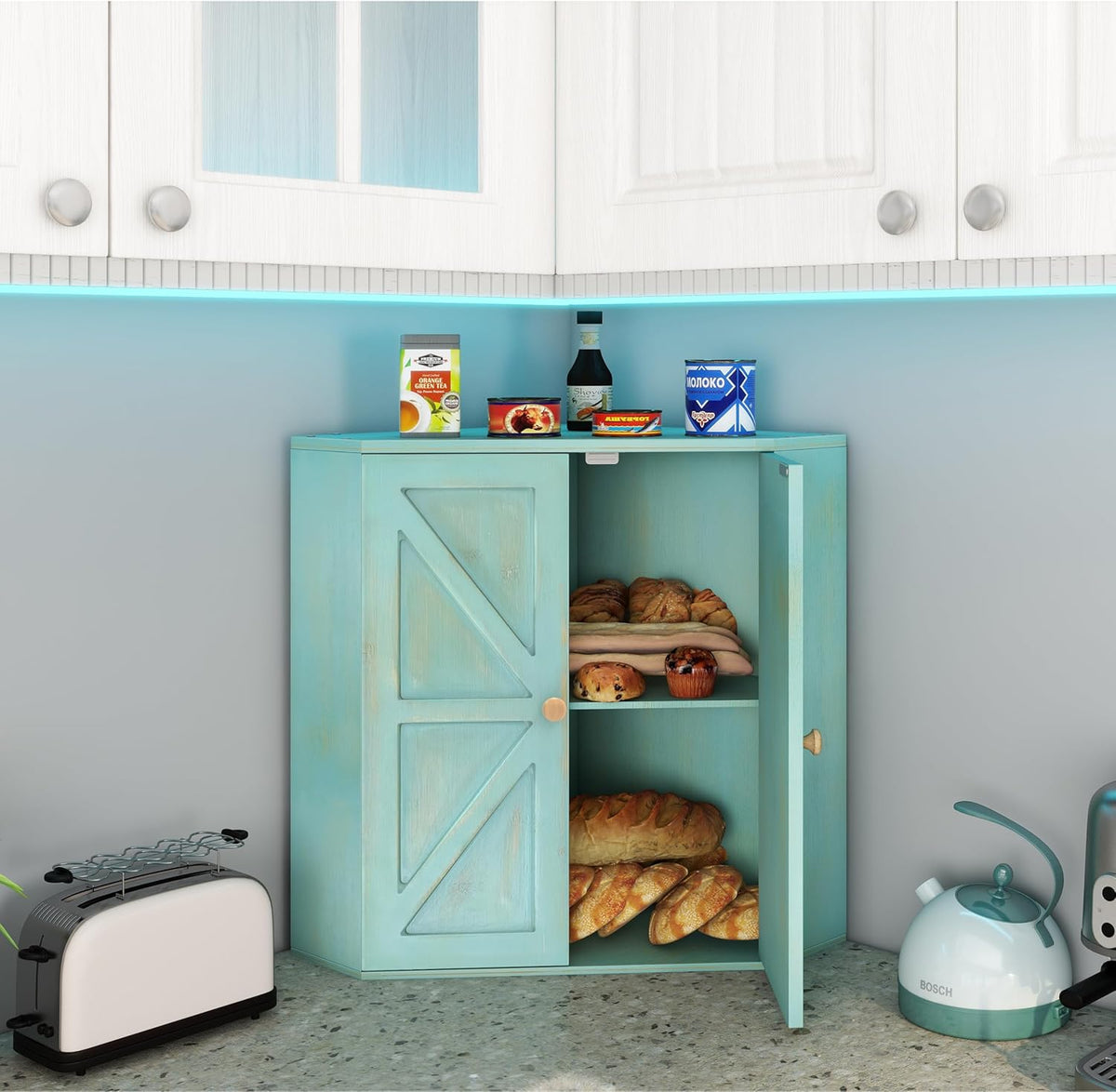 Corner Bread Box for Kitchen Counter Double Layer Bamboo Bread Storage Container Large Capacity Bread Storage Bin Farmhouse Breadbox Organizer (Antique Blue)