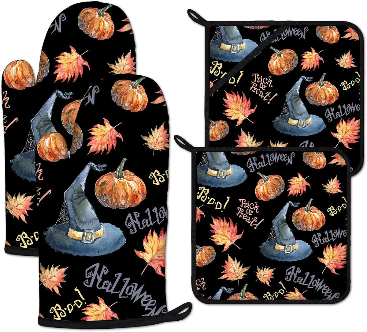 Halloween Pumpkin Autumn Maple Leave Oven Mitts and Pot Holders Sets Heat Resistant 4Pcs Potholders Oven Gloves Hot Pads for Kitchen Baking Cooking Grilling BBQ
