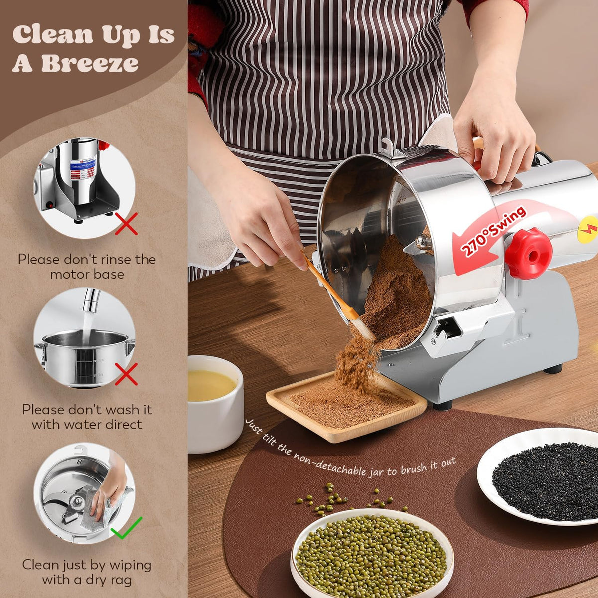 Moongiantgo 2500g Grain Mill Grinder Commercial Spice Grinder 3600W Stainless Steel Electric Pulverizer Dry Grinding Machine for Wheat Corn Rice Pepper Herbs Coffee Beans (2500g Swing, 110V)
