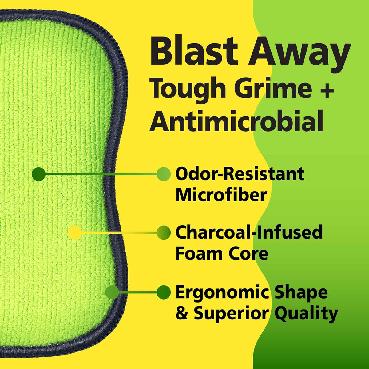 Fresh Tuff-Scrub Antimicrobial Microfiber Scrub-N-Wipe Sponge Pads, Fabric Treated with SILVADUR Antimicrobial Technology and Charcoal-Infused Foam, 6-Pack Green Large Size Pads