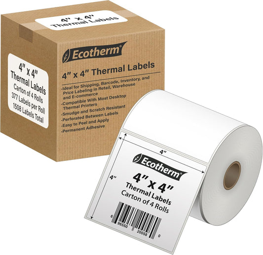 4" x 4" Thermal Labels | 4 Rolls | 1508 Labels | fits Zebra, Munbyn, Rollo, Godex, Arkscan, iDPRT, Offnova Thermal Label Printers and More | Blank White Adhesive Stickers by Ecotherm