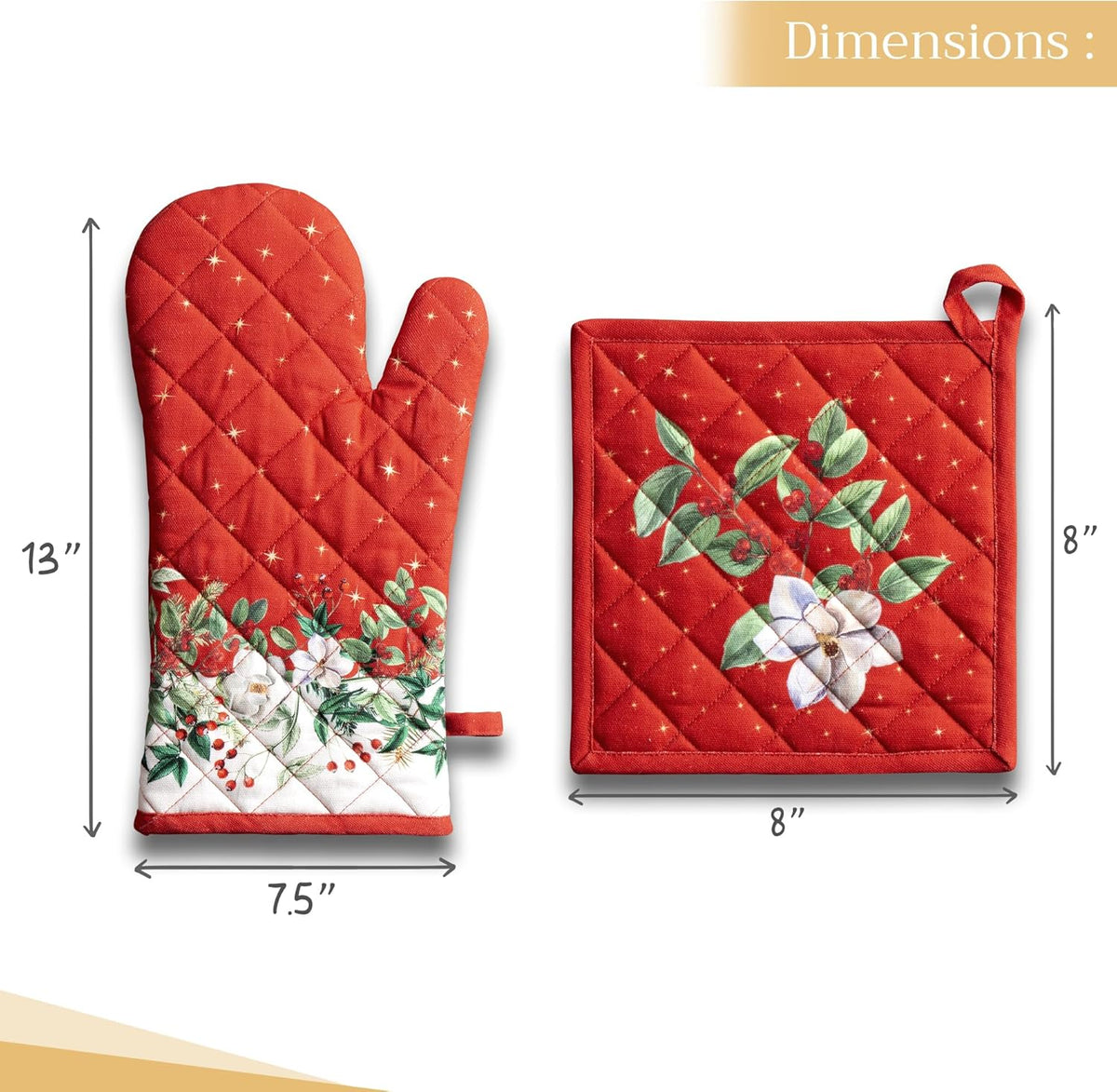 Maison d' Hermine 100% Cotton Oven Mitt & Pot Holder Set (7.5"x13" & 8"x8") Heat Resistant BBQ Cooking Gloves with Loop, Baking, Grilling, Kitchen, Handling Hot Pans (Noel)