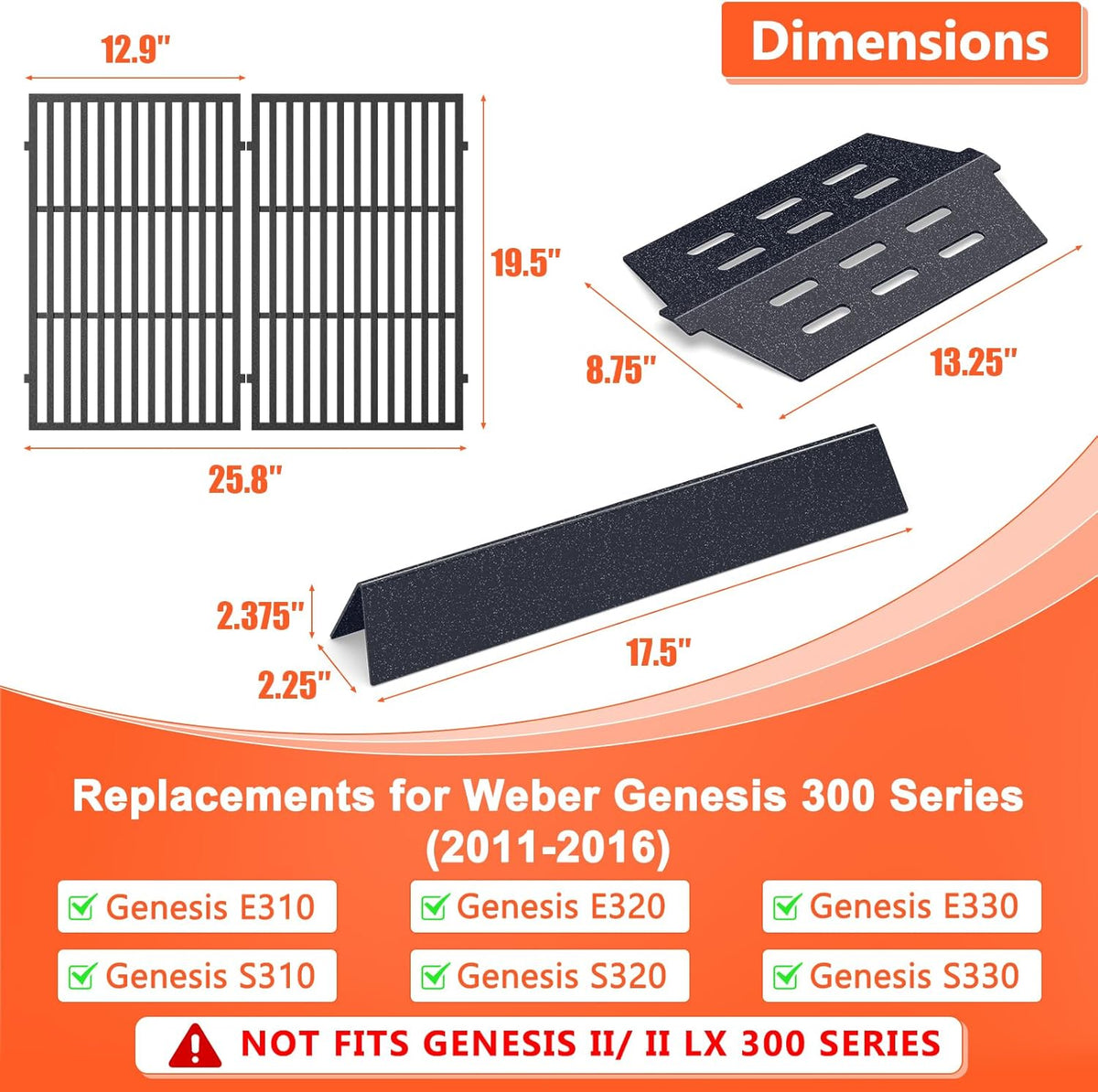 Genesis Grill Parts for Weber Genesis 300 Grills with Front Control Knob, Genesis E310 S310 E/S320 E/S330, Grill Grates 7524 7528, Flavorizer Bars & Heat Deflectors for Weber 7621 7620 65505