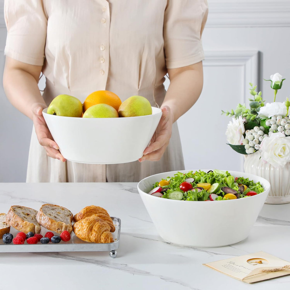 MALACASA Serving Bowls, 105 OZ Large Salad Bowls Set of 2, Porcelain White Bowls for Kitchen, Large Bowl for Salad, Soup, Pho and Fruit, Ceramic Serving Bowls for Party, Microwave Safe, Series Regular