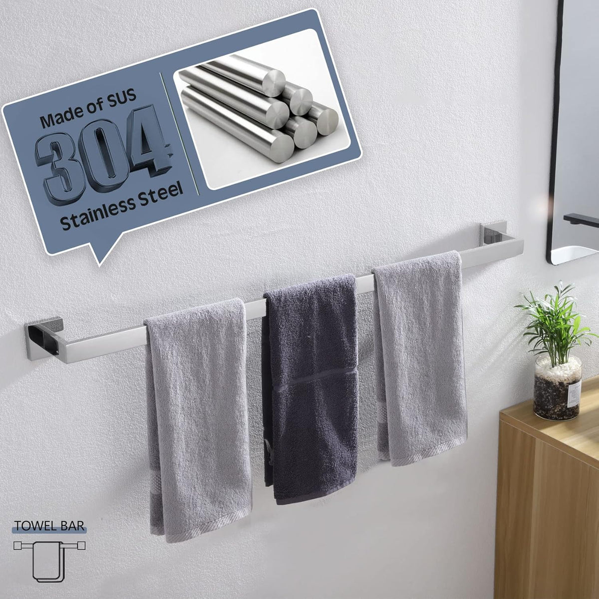 KOKOSIRI 36-Inch Single Towel Bar, Bathroom Kitchen Towel Holder, Wall Mounted SUS304 Stainless Steel Towel Rack, Polished Chrome, B4003CH-L36
