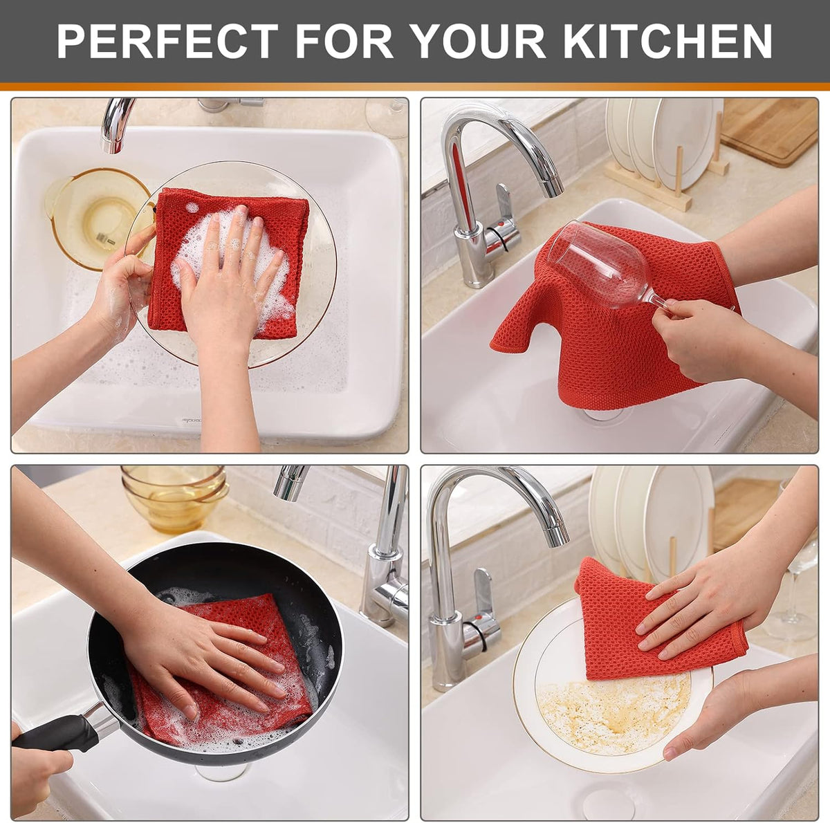 Kitinjoy 100% Cotton Kitchen Dish Cloths, 6 Pack Waffle Weave Ultra Soft Absorbent Dish Towels for Drying Dishes Quick Drying Kitchen Towels Dish Rags, 12 X 12 Inches, Brick Red