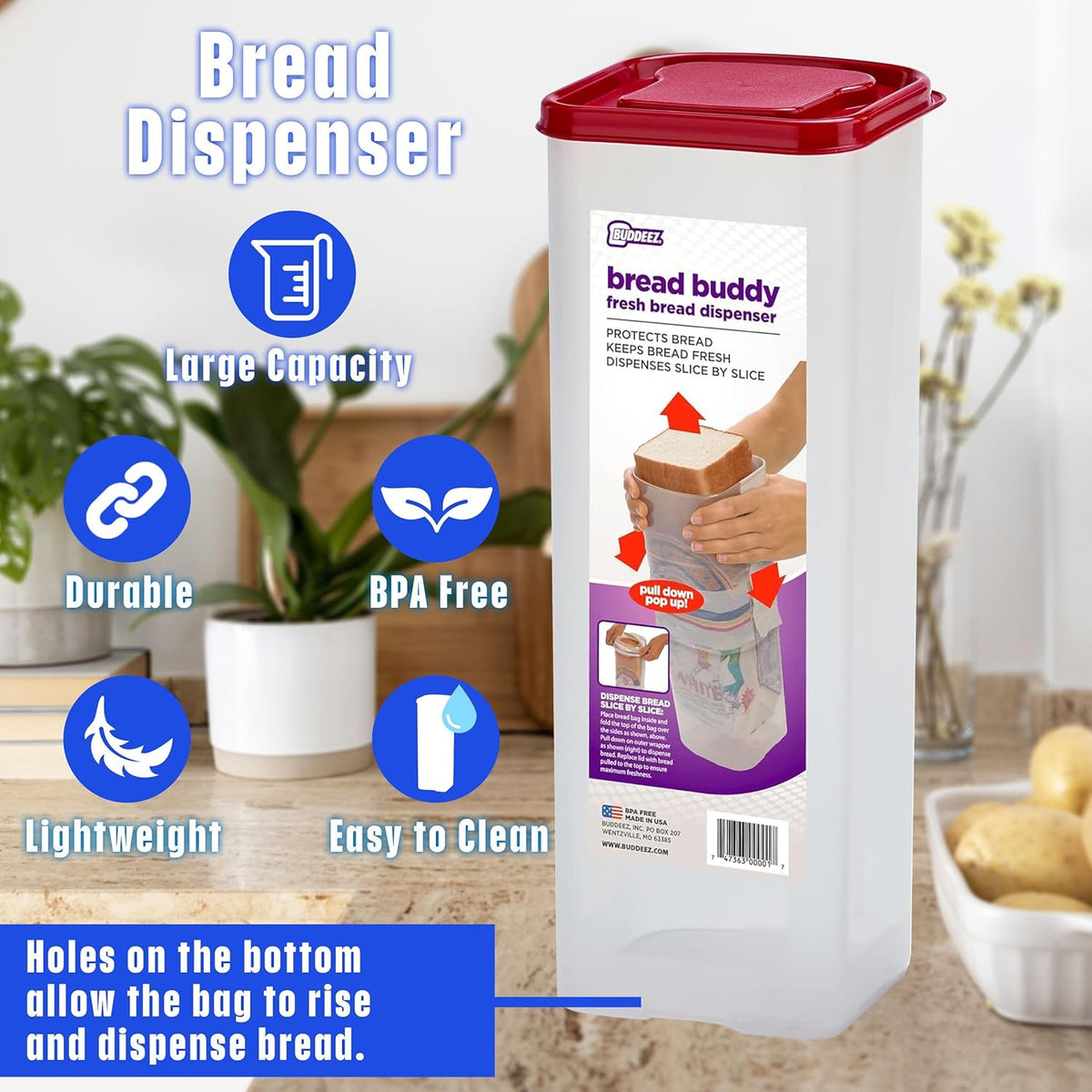Buddeez Bread Buddy Bread Box – Keeps Bread Loaves Fresh - Red Lid, Pack of 1