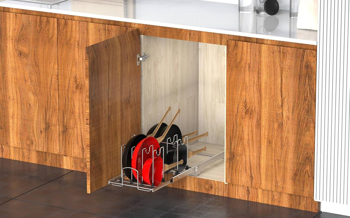 Pots and Pans Pull Out Organizer Under Cabinet, Adjustable Slide Out Pan and Pot Lid Rack Holder, Wire Dividers Kitchen Organization And Storage, Full-Extension Rail 12" W X 20" D