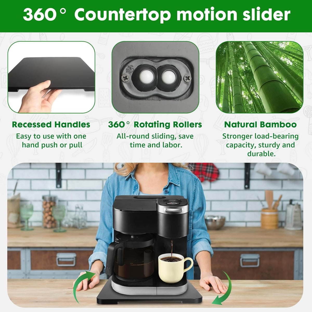 Appliance Slider 360° Rolling Tray for Coffee Maker Bamboo Coffee Pot Slider Tray Countertop Rotation Sliding Tray with Wheels, Small Appliances Mat Easily from Under the Cabinet Black(13.9"×11.6")