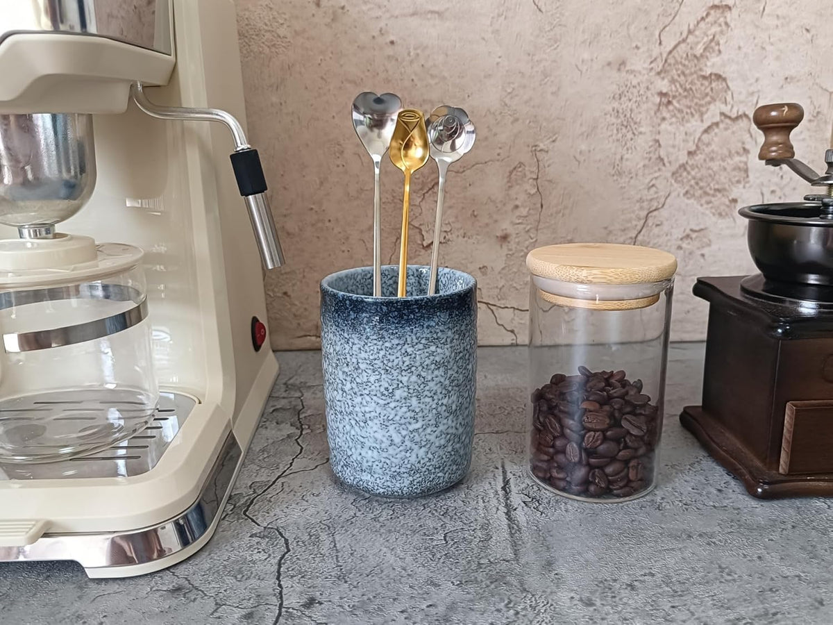 Stoneware Coffee Bar Utensil Holder Tea & Coffee Spoon & Stirrer Holder for Stir Stick Straw Teaspoon Holder Spoon Cup Small Utensil Jar (Stone Blue)