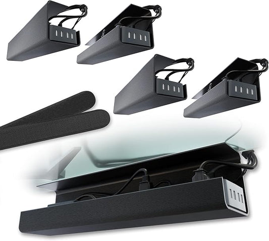 No-Screw Under Desk Cable Management Tray - Self-Adhesive Installation, Cord Management, Cable Tray, Under Desk Wire Organizer - Black Set of 4