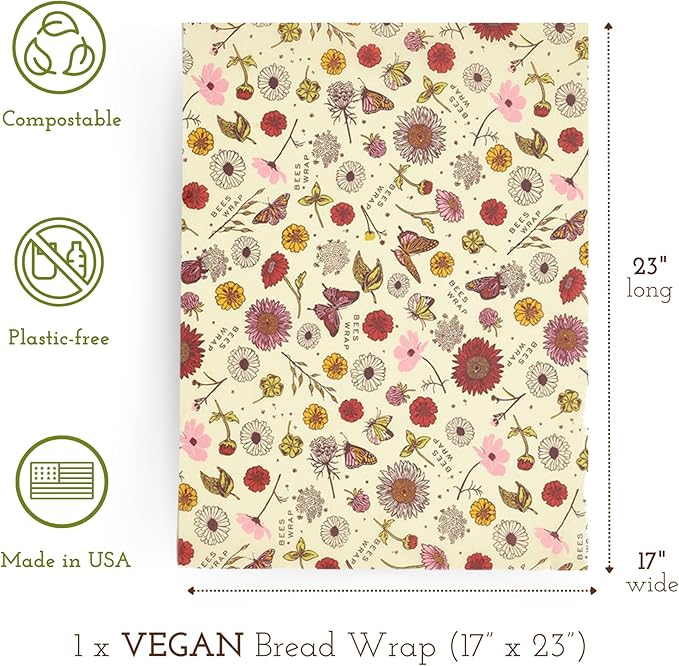 Bee's Wrap Vegan Beeswax Wraps for Food - Vegan Meadow Magic Bread Wrap - Made in USA Reusable Bread Storage Bags - Organic & Eco-Friendly Alternative to Aluminum Foil, Sourdough Bags & Plastic Wrap