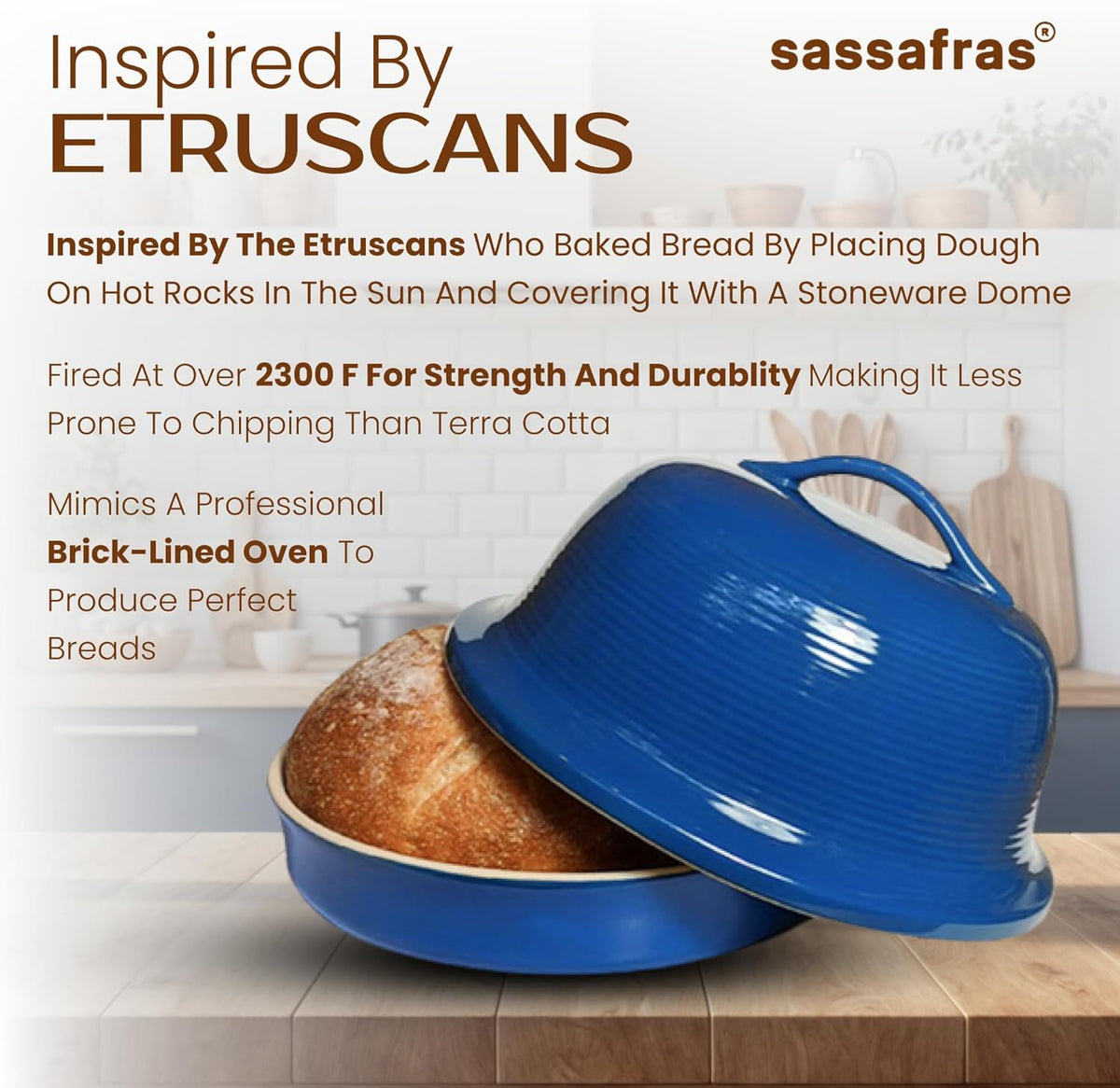 Sassafras Superstone® Stoneware La Cloche® Bread Baker with Blue Glazed Exterior and Unglazed Interior Bakes an Artisan Bread with Crusty Crust and a Light Crumb