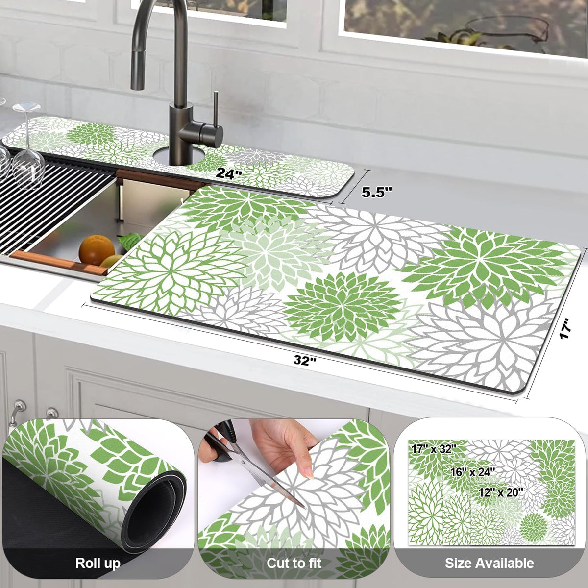 Findosom 2PCS 17" x 32" Dish Drying Mat & 24" x 5.5" Sink Splash Guard, Super Absorbent & Cuttable Dish Mat Drying Kitchen Mat with Green Floral, Hide Stain Drying Mat for Kitchen Counter