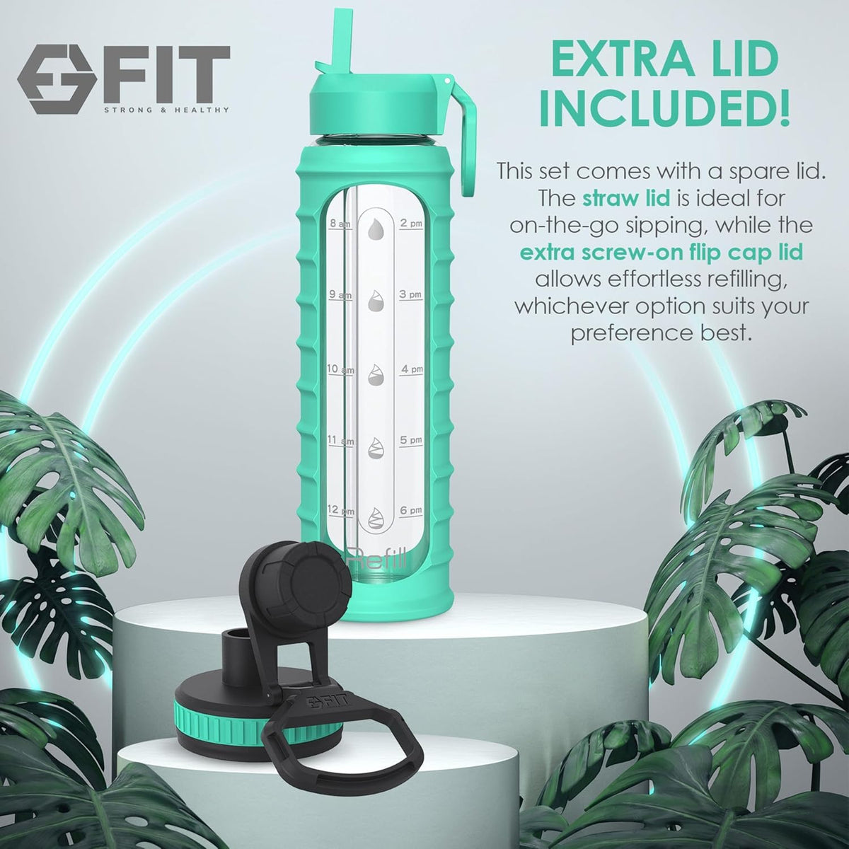 FIT Strong & Healthy 32 oz Glass Water Bottle with Straw Lid, Time Marker, Sleeve & Extra Lid - Motivational, Wide Mouth 1 Liter Glass Drinking Bottle