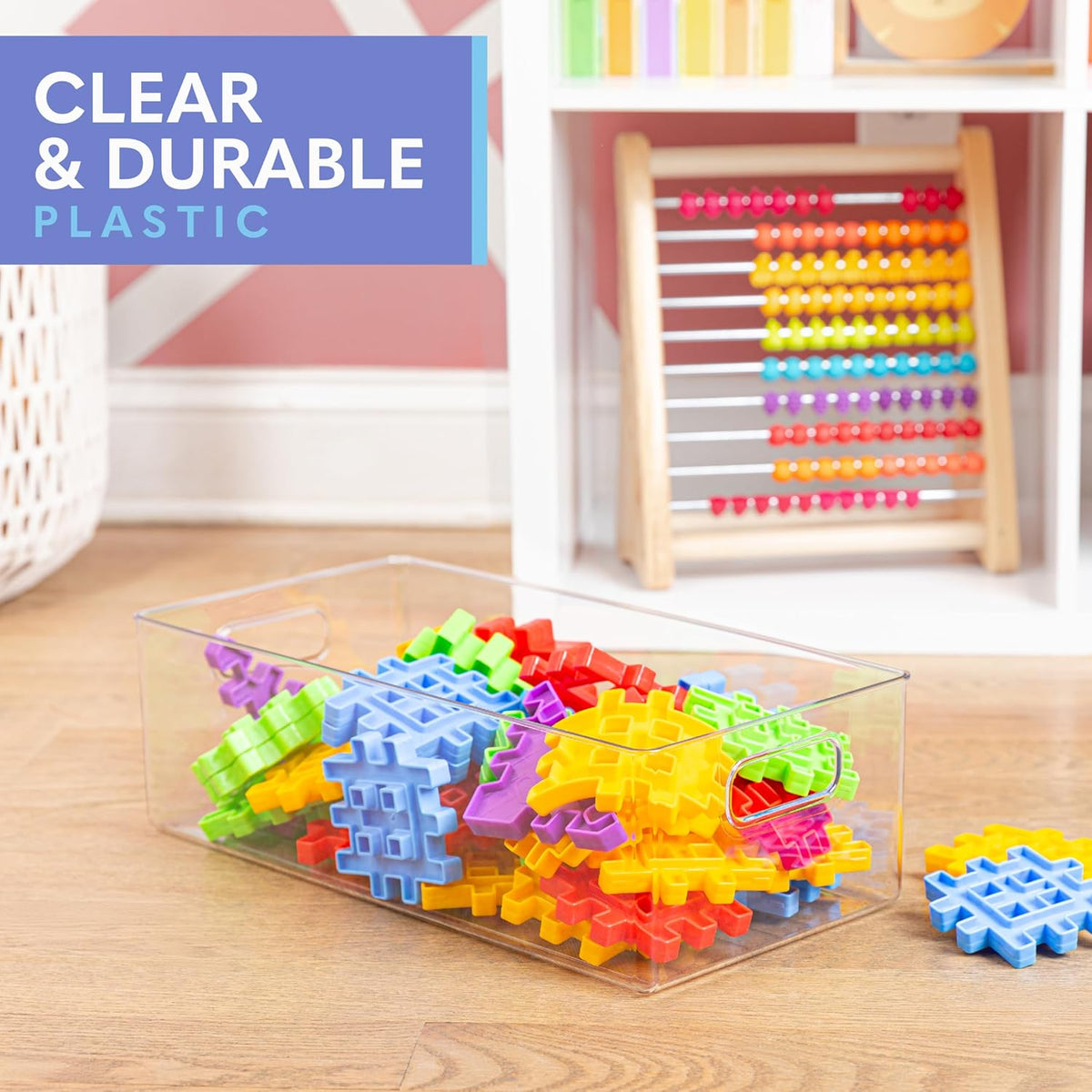 Plastic Food Storage 2 Pack Clear Container Bin with Handles for Organizing Kitchen, Pantry, Refrigerator, Freezer, Pantry, Cabinet, Closet, Bathroom. 14”x8”x5”