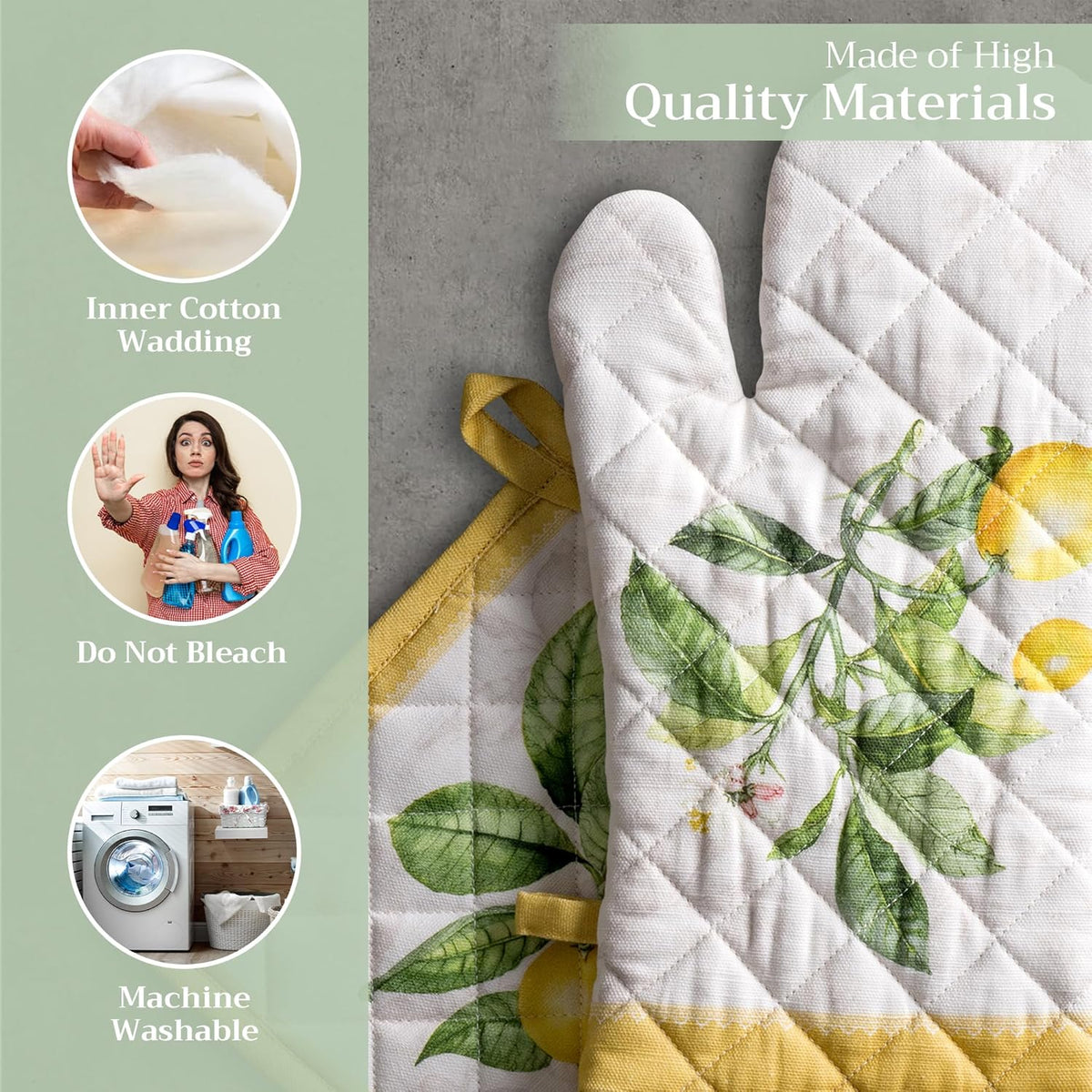 Maison d' Hermine 100% Cotton Oven Mitt & Pot Holder Set (7.5"x13" & 8"x8") Heat Resistant BBQ Cooking Gloves with Loop, Baking, Grilling, Kitchen, Handling Hot Pans Spring/Summer (Limoncello)