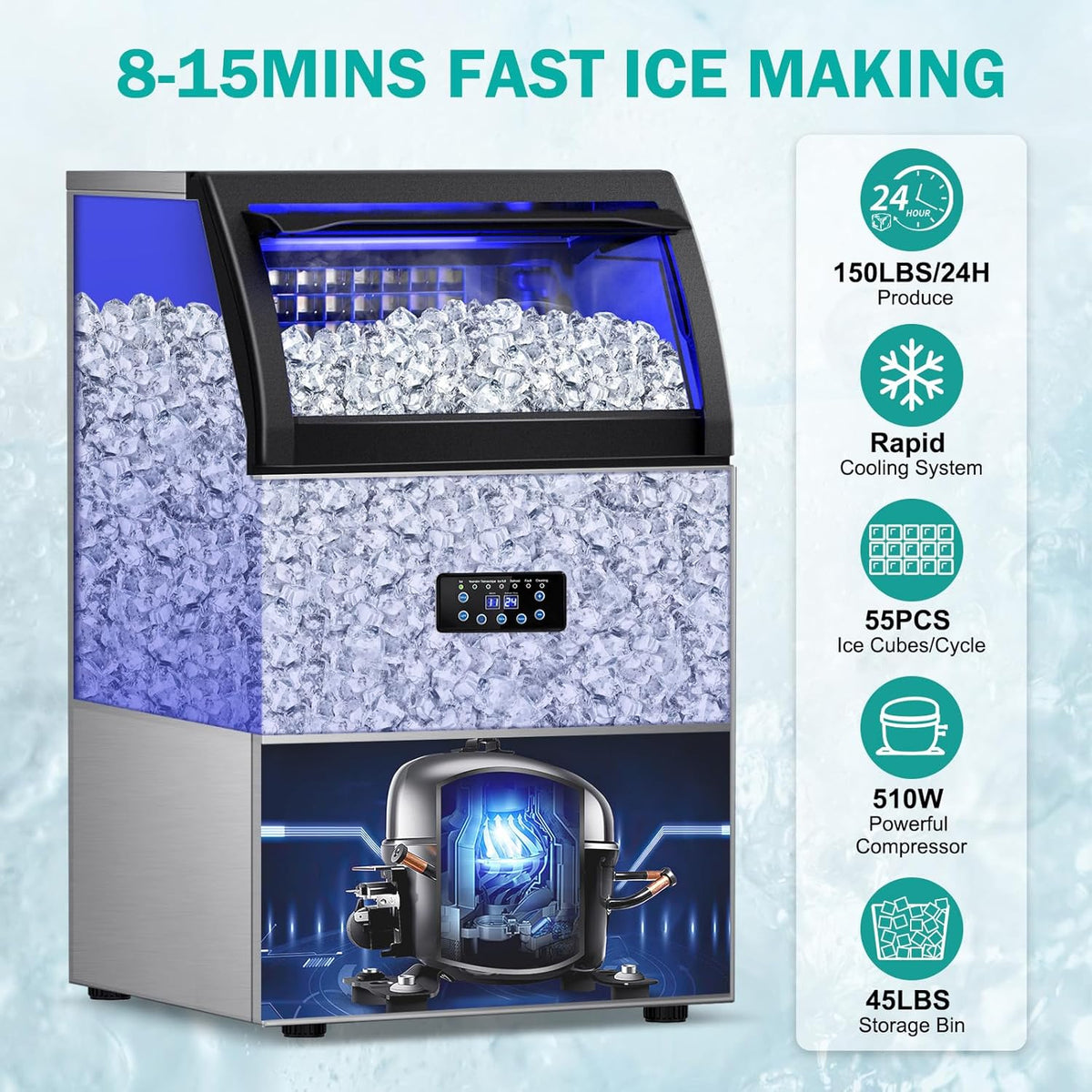 Commercial Ice Maker Machine, 150Lbs/24H with 45Lbs Large Ice Capacity, 55Pcs Clear Ice Cubes Ready in 8-15Mins, Freestanding Stainless Steel Ice Making Machine for Home Party Bar