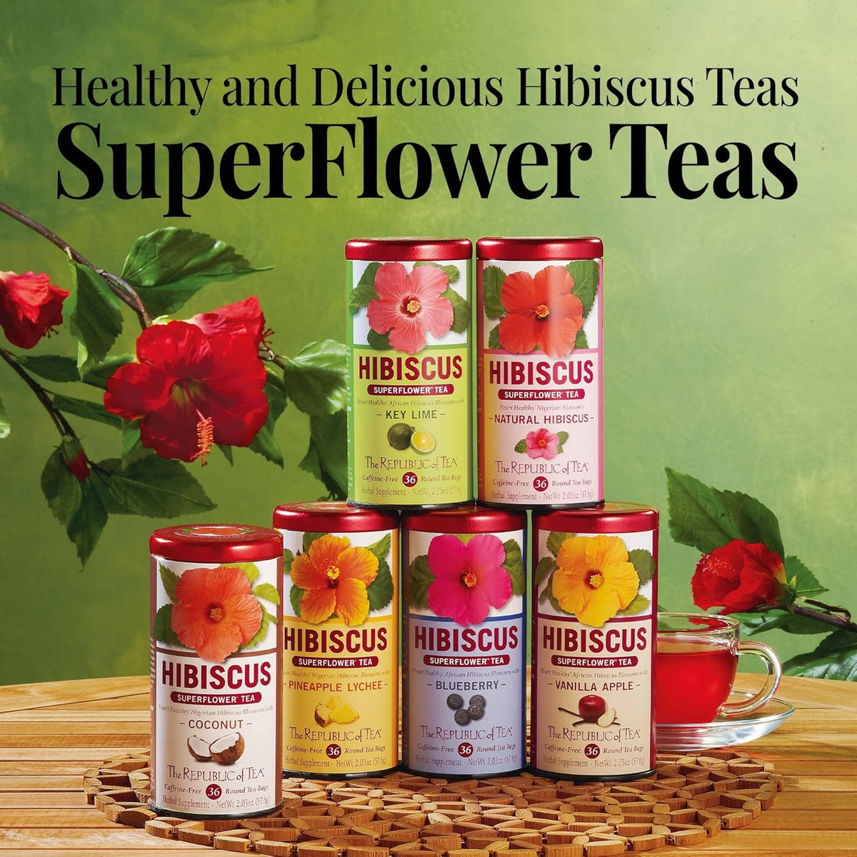 The Republic of Tea Natural Hibiscus Superflower Herbal Tea, 250 Tea Bags, Ruby Red Hibiscus Fine Blend