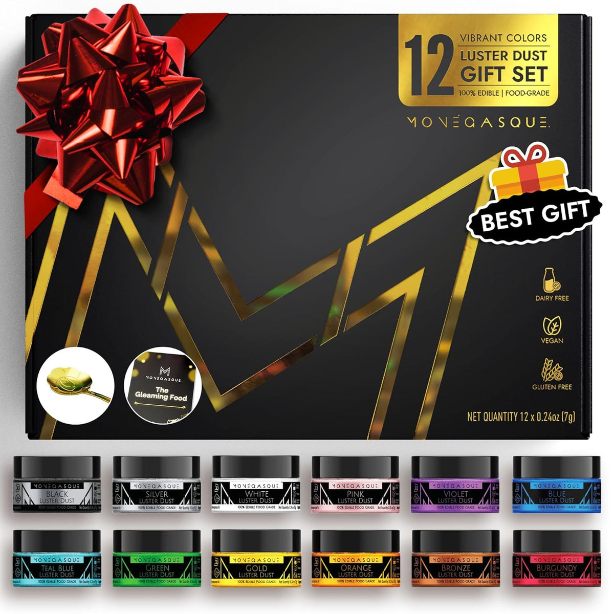 MONÉGASQUE Luster Dust Edible Glitter for Drinks 12 Pcs Set – Best Gift Idea for Bakers – Bakers Gift Set for Cake Decorations – Edible Glitter for Cakes & Cocktails – Cake Decorating Supplies