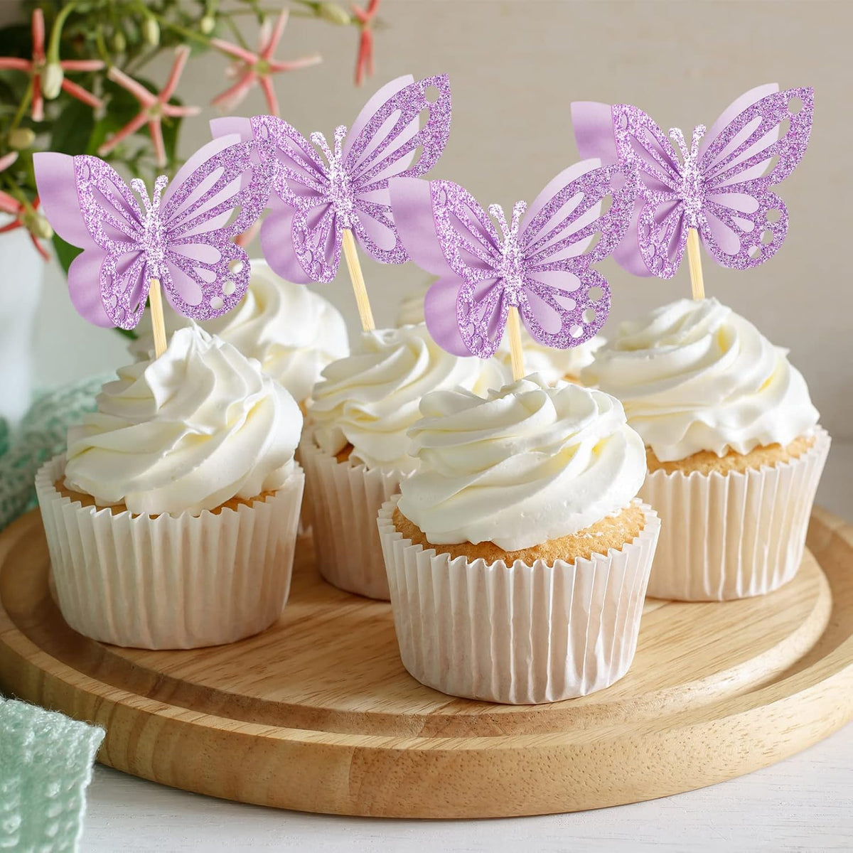 Chinco 48 Pcs Butterfly Cupcake Toppers Assembled Double Layer Cupcake Topper 3D Glitter Cake Topper Butterfly Cocktail Pick Decoration for Baby Shower Birthday Wedding(Purple,Classic Style)