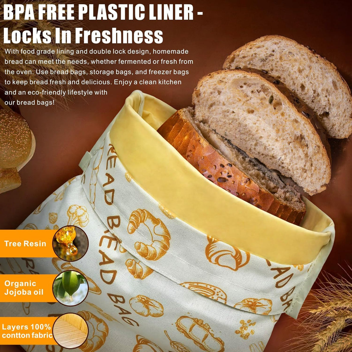 Mosucoirl Beeswax Bread Bags 2 Pack, Reusable Bread Storage Boxes for Homemade Sourdough, Cotton Food Bags Loaf Containers to Keep Fresh Large (Bread Pattern)