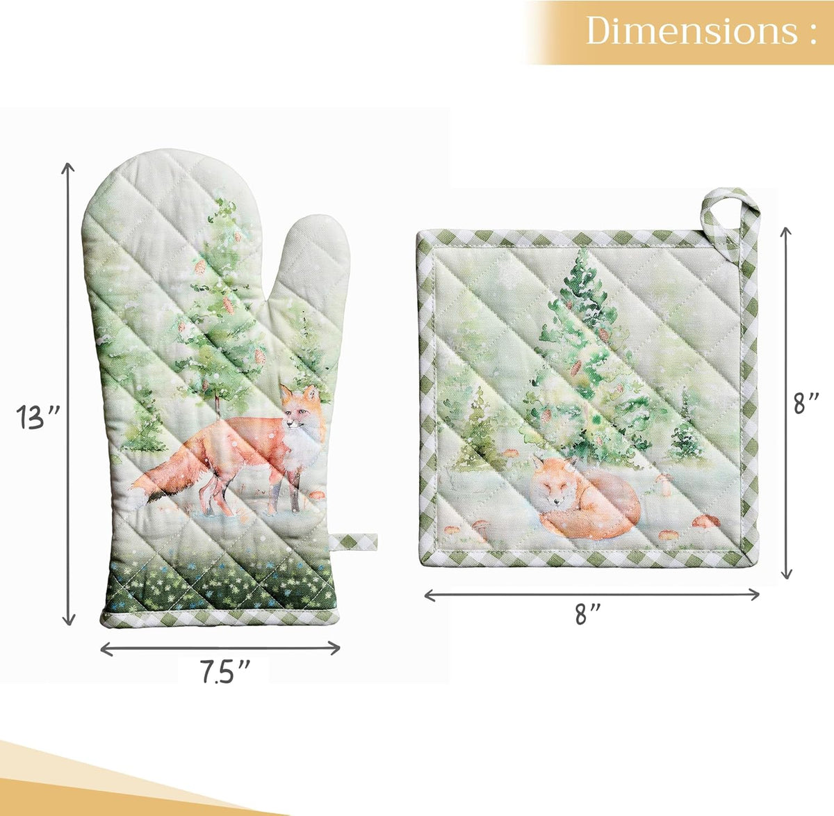 Maison d' Hermine 100% Cotton Oven Mitt & Pot Holder Set (7.5"x13" & 8"x8") Heat Resistant BBQ Cooking Gloves with Loop, Baking, Grilling, Kitchen, Handling Hot Pans (Winter Mornings)