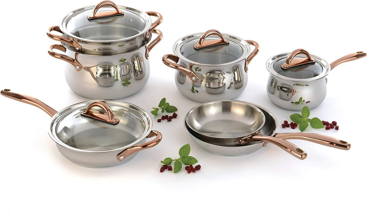 BergHOFF 11 Piece Ouro Cookware Set with Gold Handles and Glass Lids, Silver/Rose