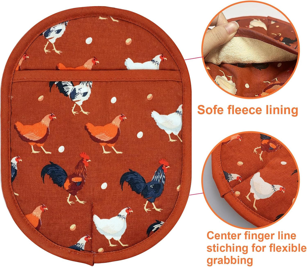 Pot Holders Set of 2 with Transparent Clear Silicone Shell and Nice Dog Flower Cotton Lining, Heat Resistant to 500 F Kitchen Oven Gloves Pot Holder for Cooking (Rooster, Potholders)