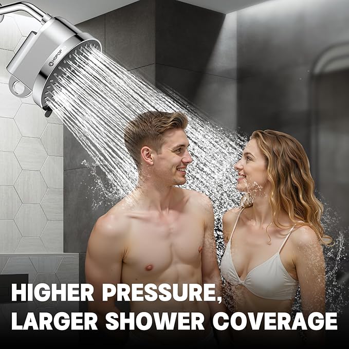 High Flow Filtered Shower Head, HOPOPRO 5 Modes High Pressure Fixed Showerhead with Filter, 2-In-1 Shower Head Filter for Hard Water, Remove 99% Chlorine, Improves Skin Hair Condition (6 Inch Silver)